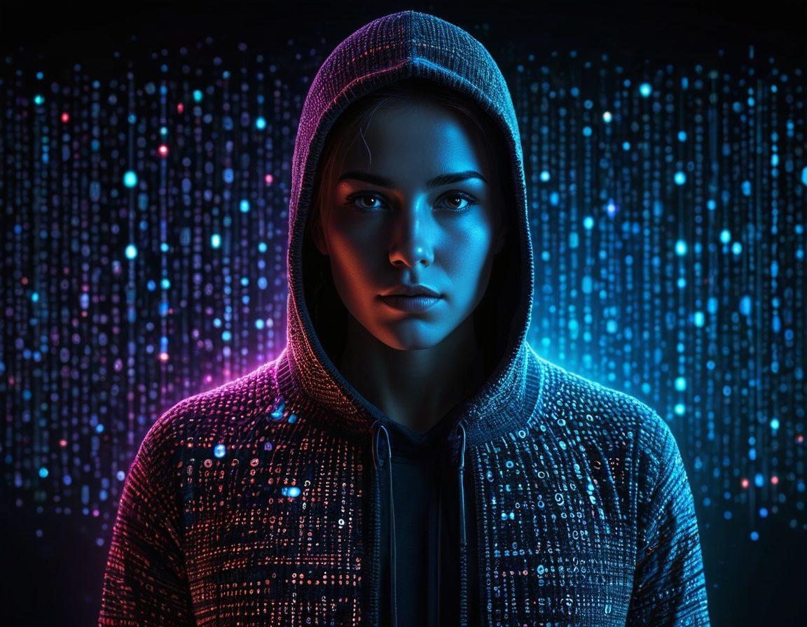 A shield made of binary code protecting a digital identity represented by a glowing human figure, with phishing hooks and data breach alerts bouncing off the shield. The background should feature interconnected cyber network nodes. super-realistic. vibrant colors. dark background.