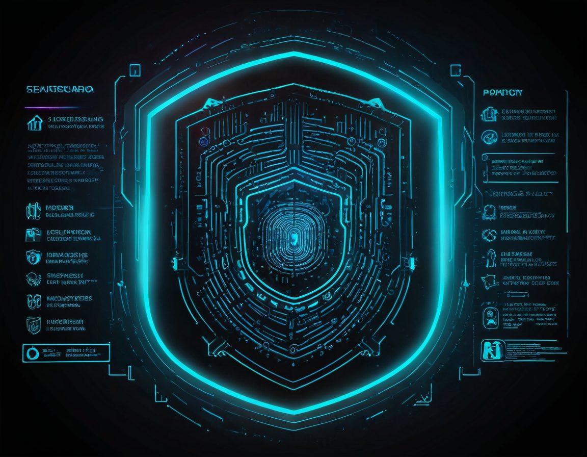 A secure digital shield protecting sensitive personal information, surrounded by menacing cyber threats like hackers and viruses. Incorporate imagery of encrypted data flow and biometric security features such as fingerprint scanning and facial recognition. Use a futuristic, high-tech ambiance with contrasting dark and neon colors to evoke a sense of urgency and protection. cyberpunk. vibrant colors.