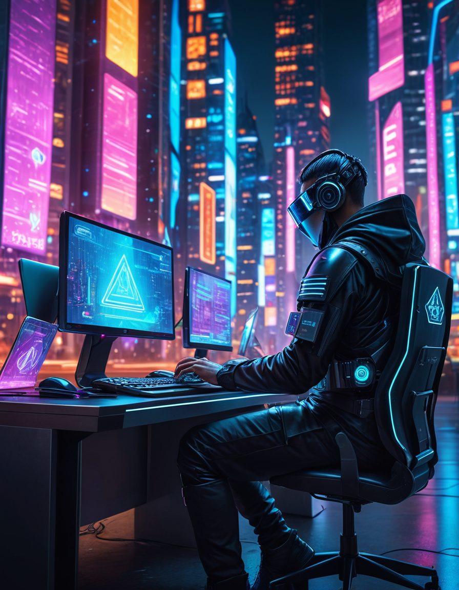 A person sitting at a computer, surrounded by holographic shields, with various digital threats like phishing emails and malware icons attempting to break through but failing. The background shows a futuristic city with glowing neon signs and skyscrapers. super-realistic. vibrant colors. cyberpunk.